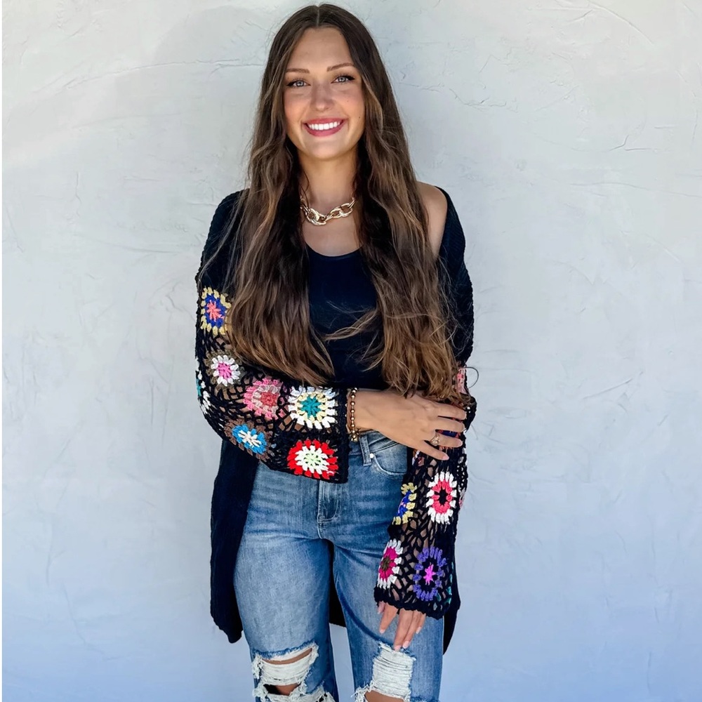 Black Crochet Sleeve Cardigan Sweater